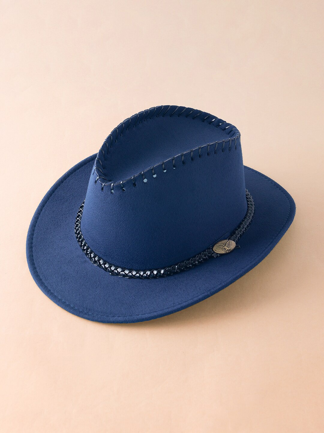 

Golden Peacock Men Navy Blue Solid Faux Leather Cowboy Sun Hat