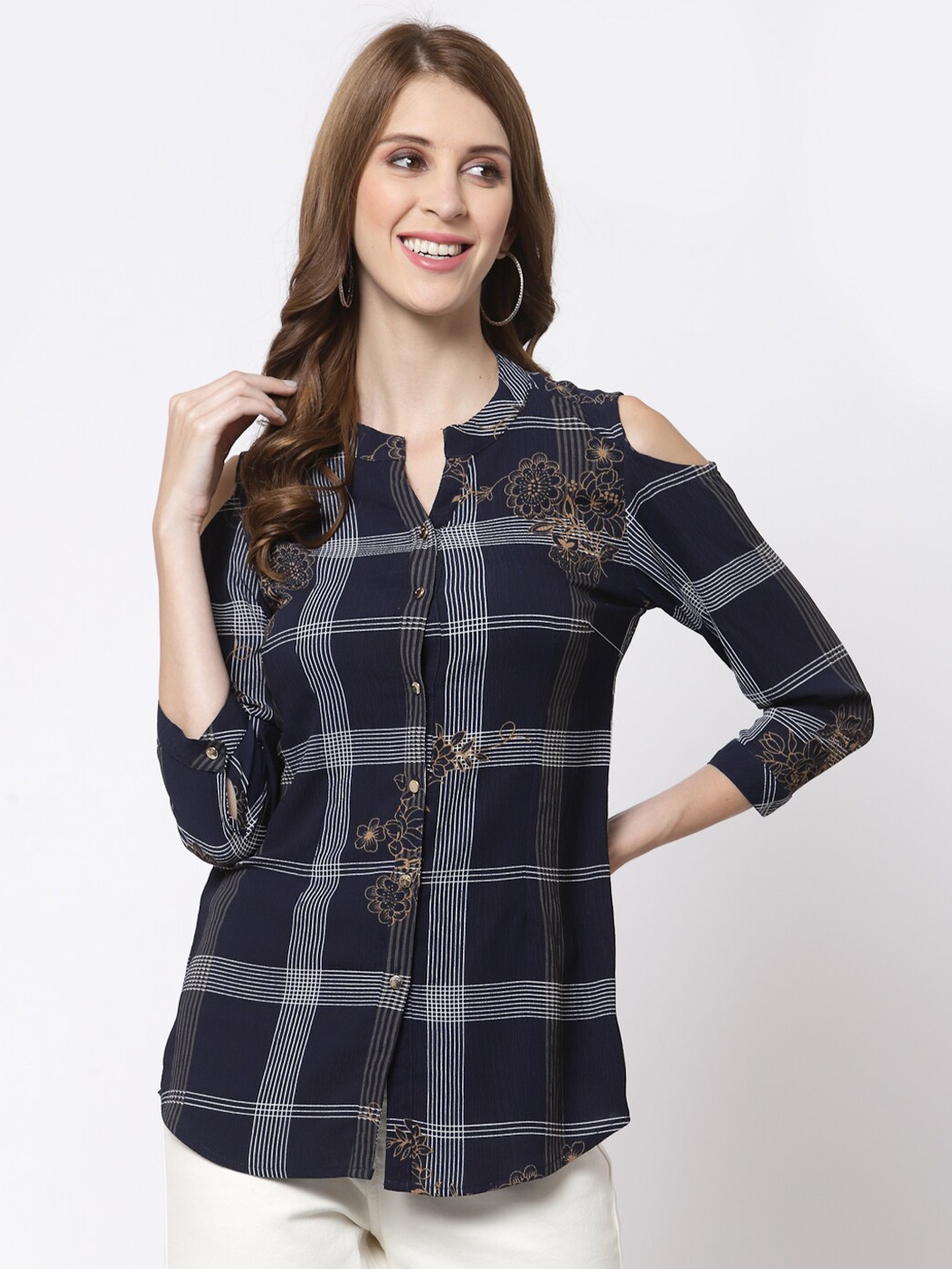 

Juelle Navy Blue & White Checked Cold-Shoulder Sleeves Shirt Style Top