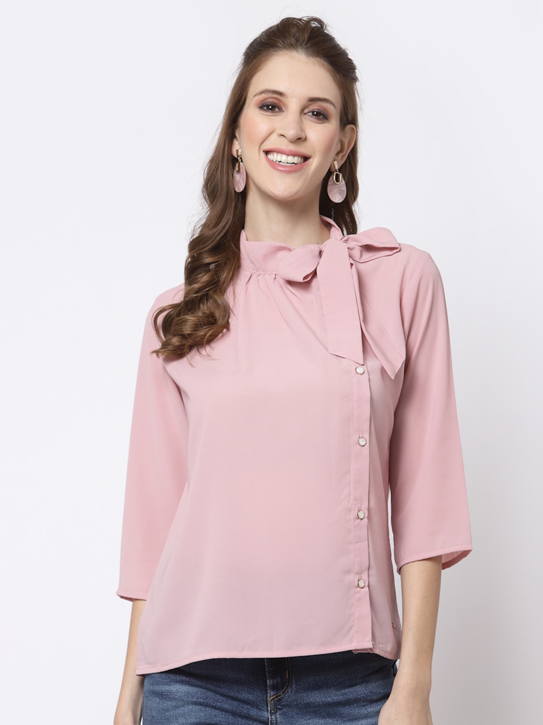 

Juelle Women Pink Solid Tie-Up Neck Top