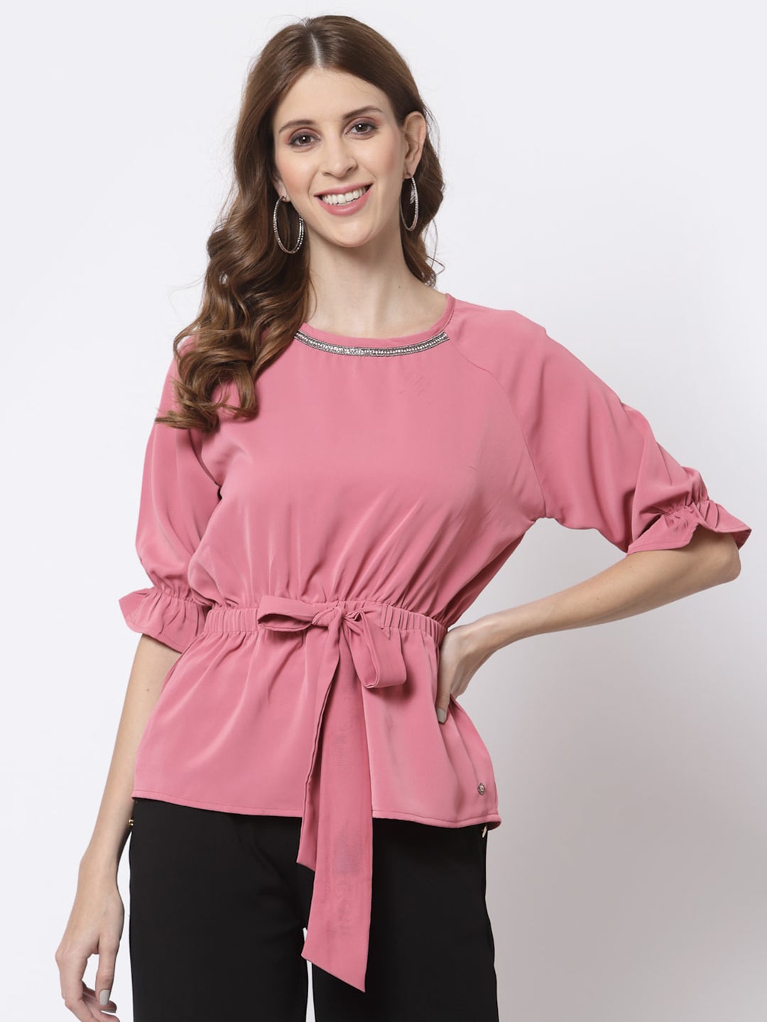 

Juelle Pink Satin Cinched Waist Top