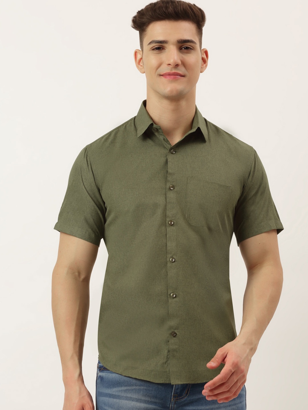 

JAINISH Men Olive Green Solid Standard Pure Cotton Casual Shirt