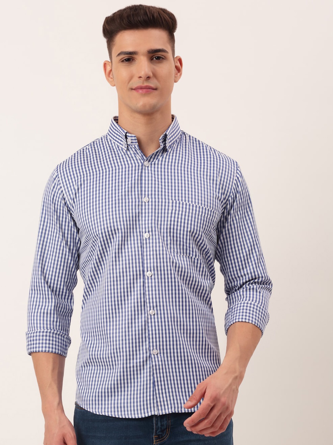

JAINISH Men Blue Standard Gingham Checks Pure Cotton Casual Shirt