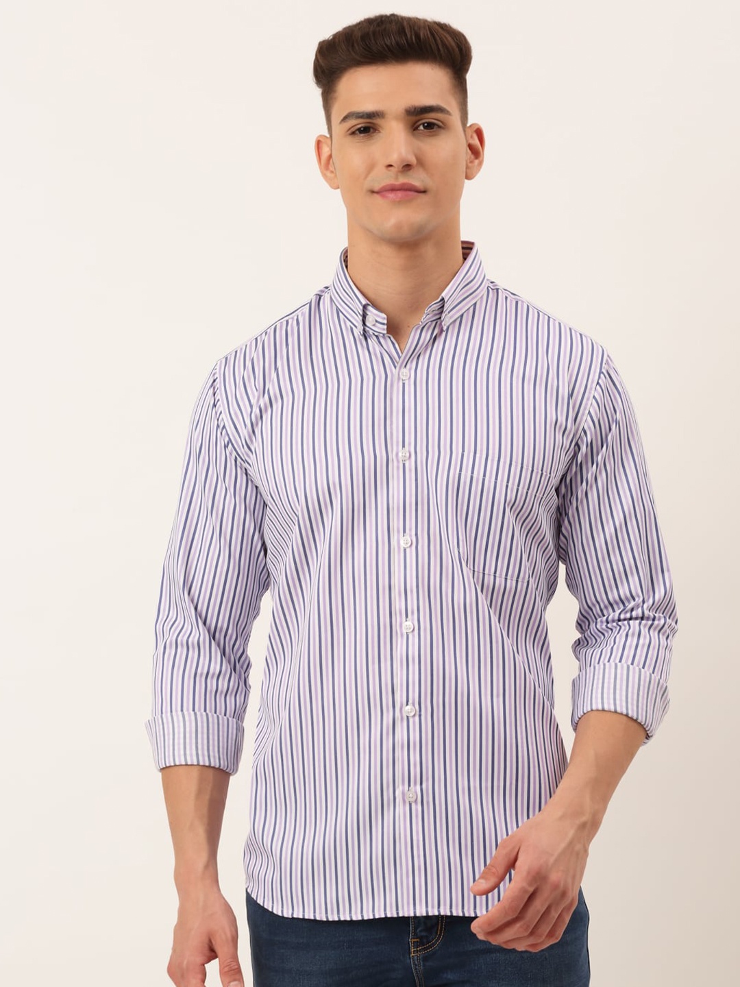 

JAINISH Men Violet Striped Standard Pure Cotton Casual Shirt