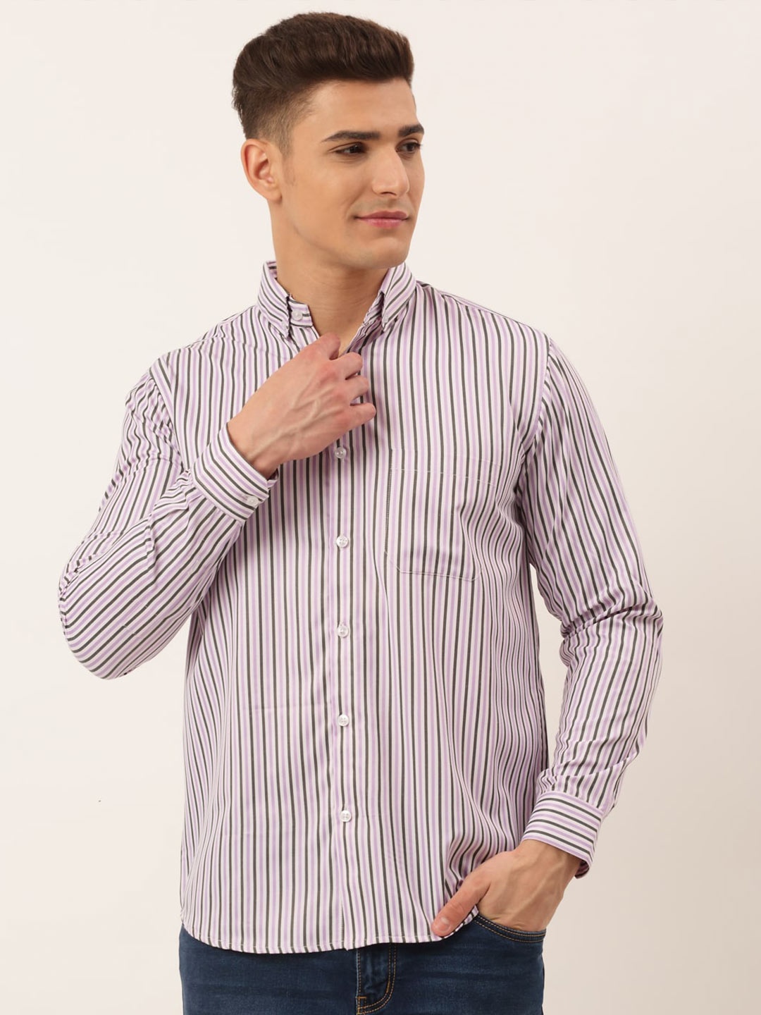 

JAINISH Men Purple Striped Standard Pure Cotton Casual Shirt