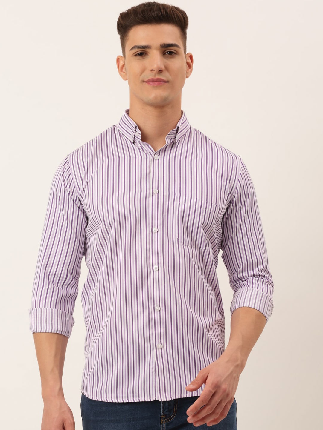 

JAINISH Men Purple & White Standard Striped Casual Shirt