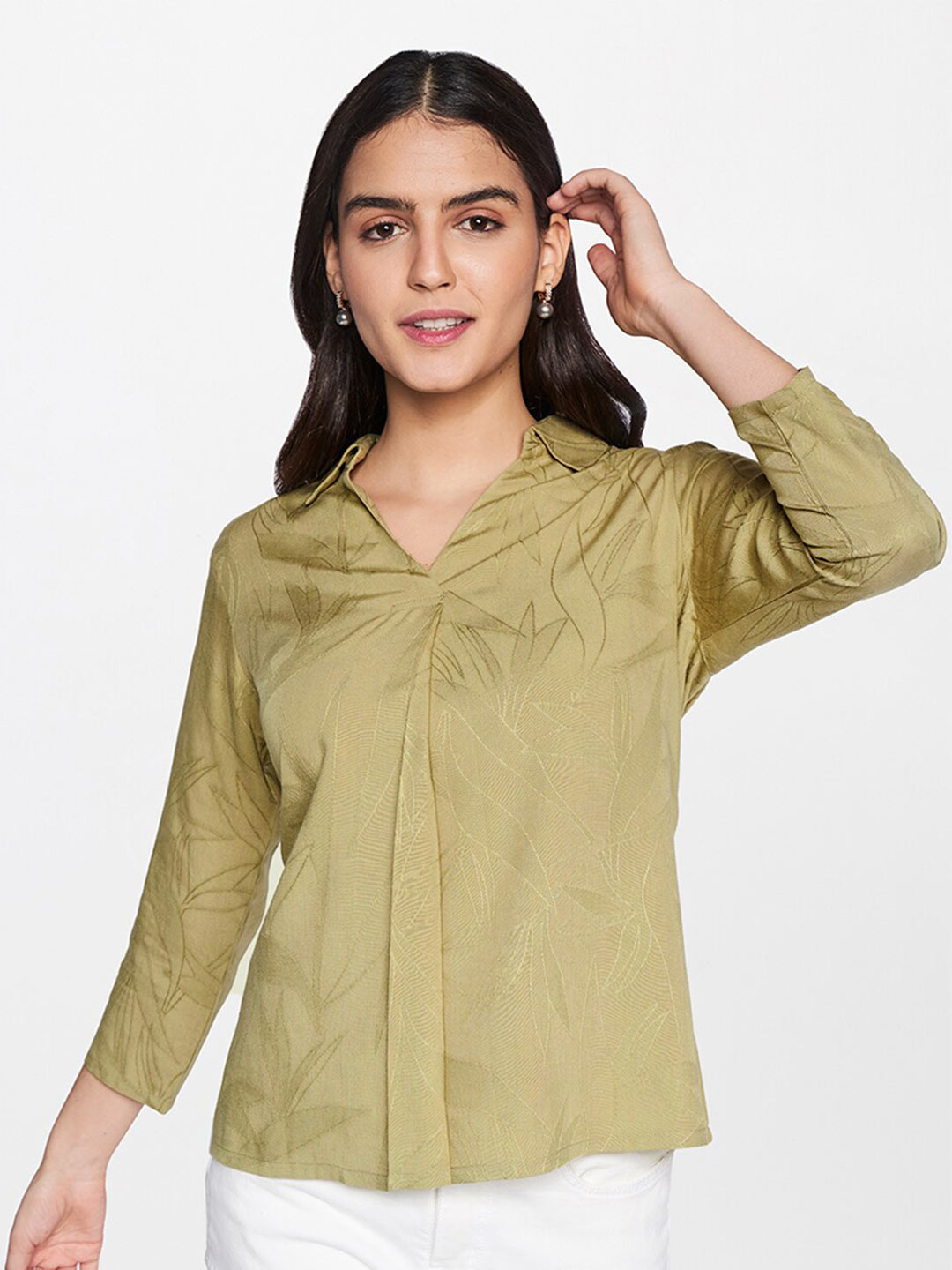 

AND Women Olive Green Self Design Shirt Collar Top