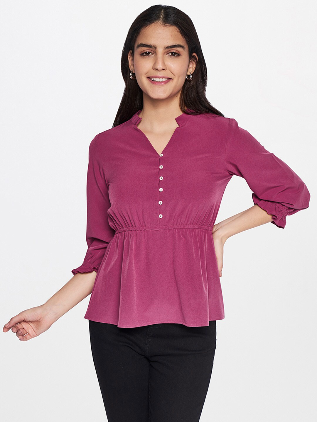 

AND Magenta Mandarin Collar Empire Top