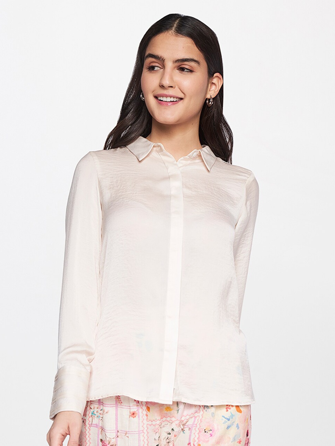 

AND Women Cream-Coloured Semi Sheer Casual Shirt