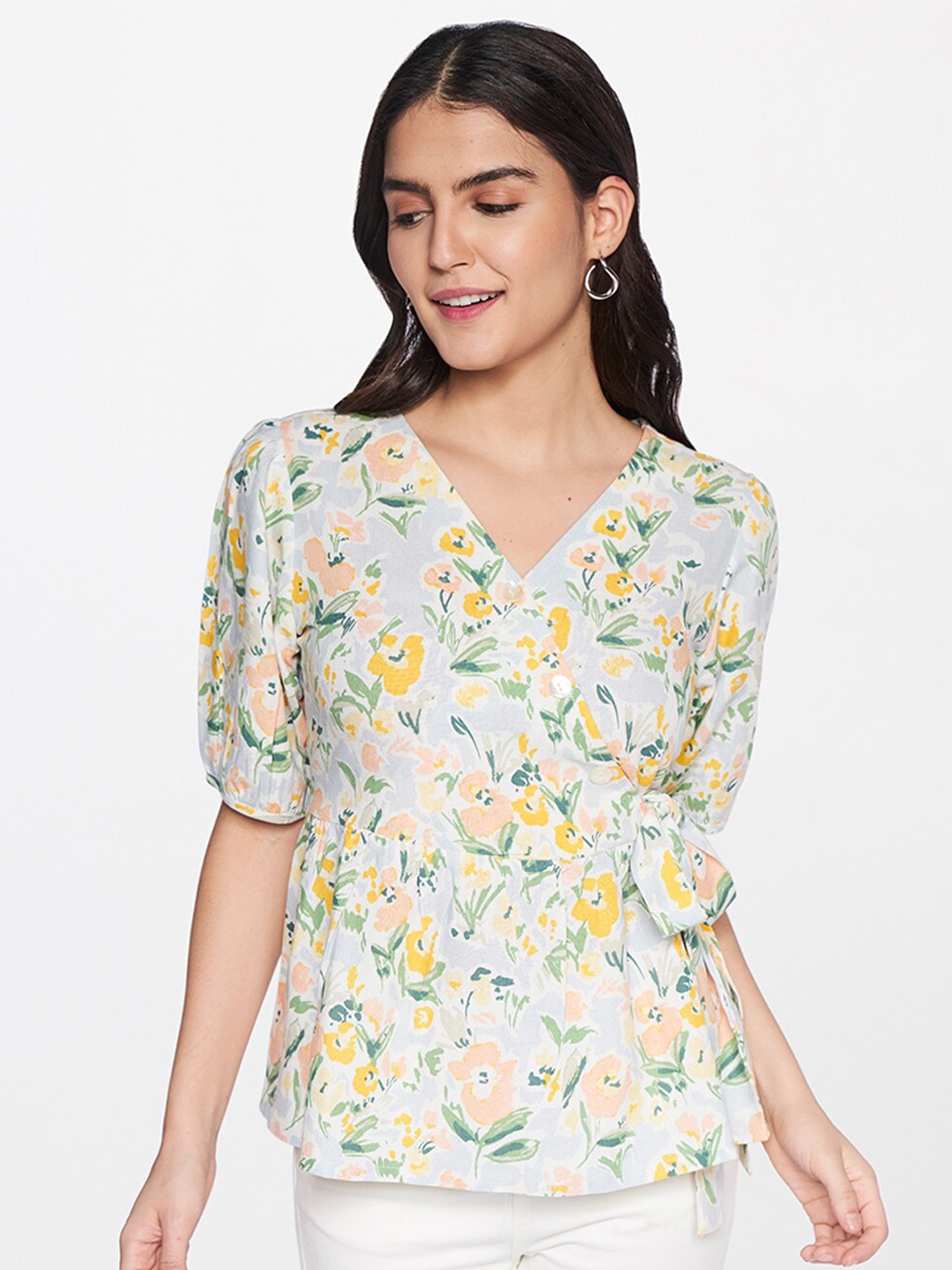 

AND Women Beige Floral Printed Linen Wrap Top