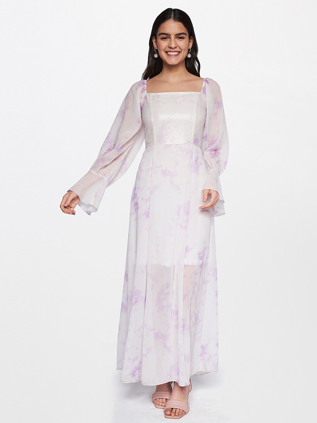 

AND White & Pink Dyed Georgette A-Line Midi Dress