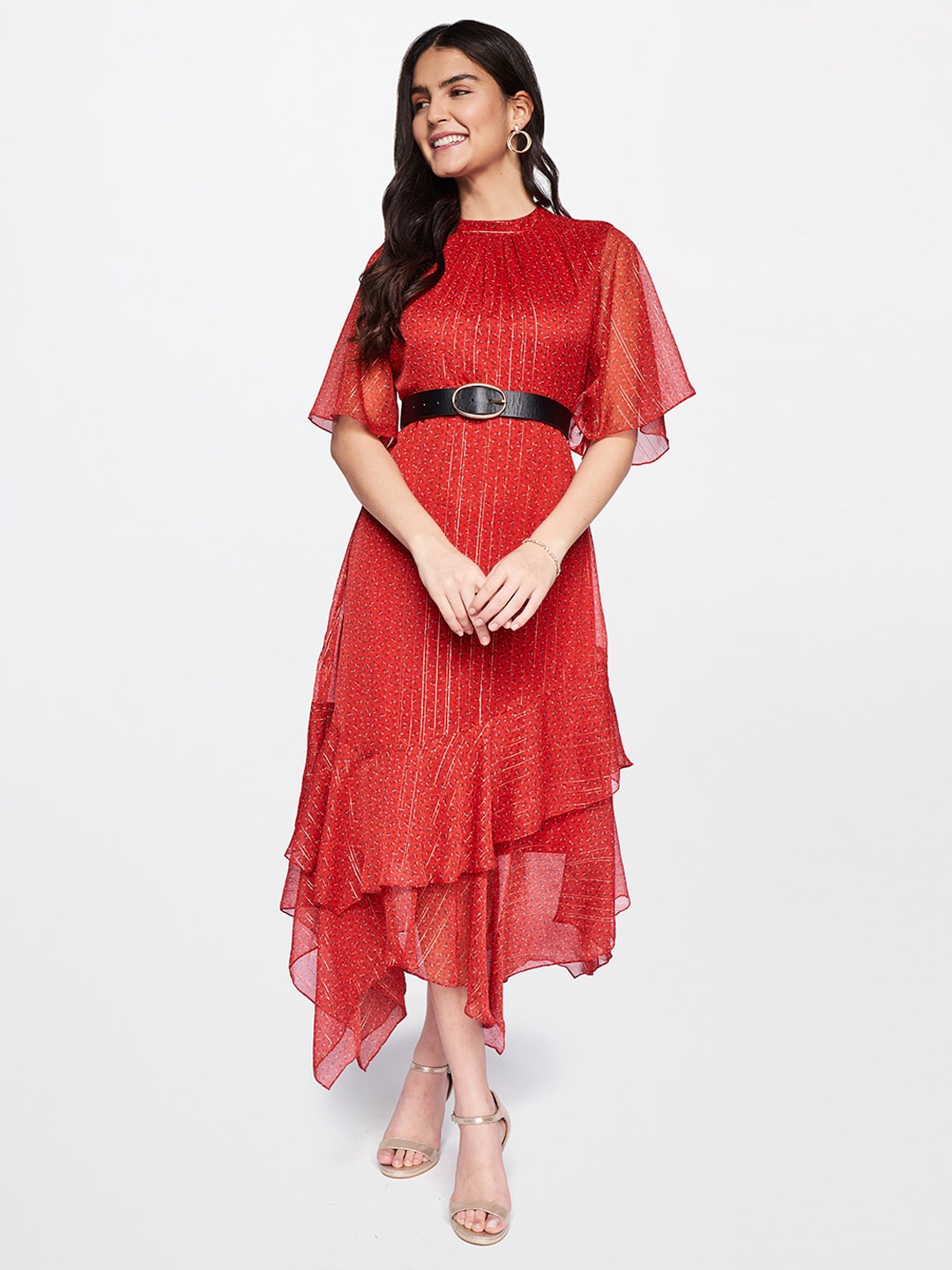 

AND Orange Georgette Empire Cap Sleeves Midi Dress