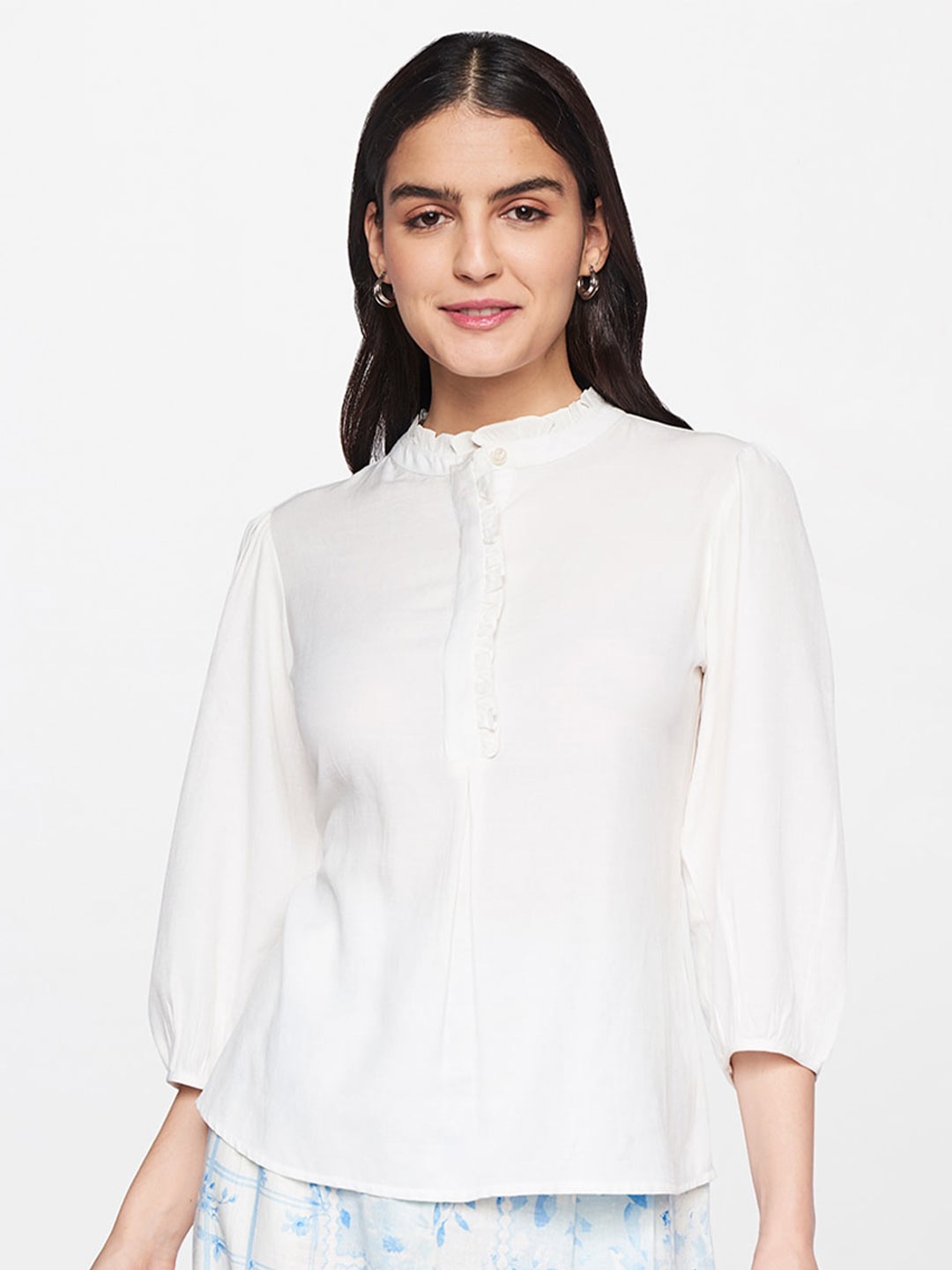 

AND Cream-Coloured Mandarin Collar Ruffles Shirt Style Top