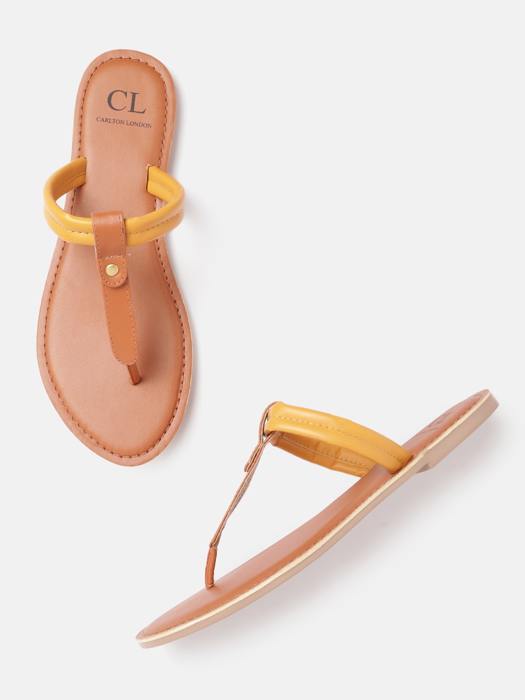

Carlton London Women Tan Brown & Mustard Yellow Colourblocked T-Strap Flats