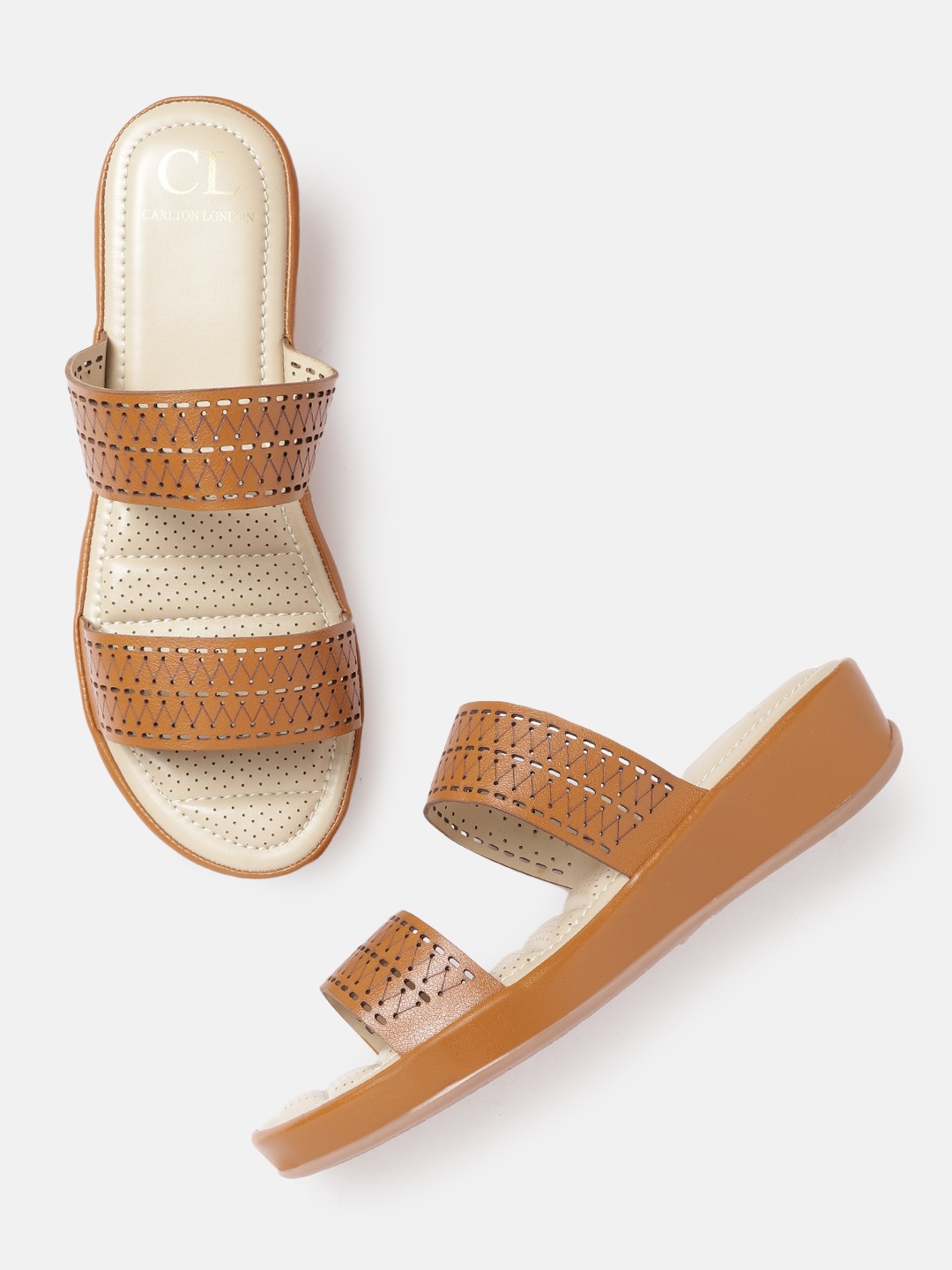 

Carlton London Tan Brown Wedge Heels with Laser Cuts