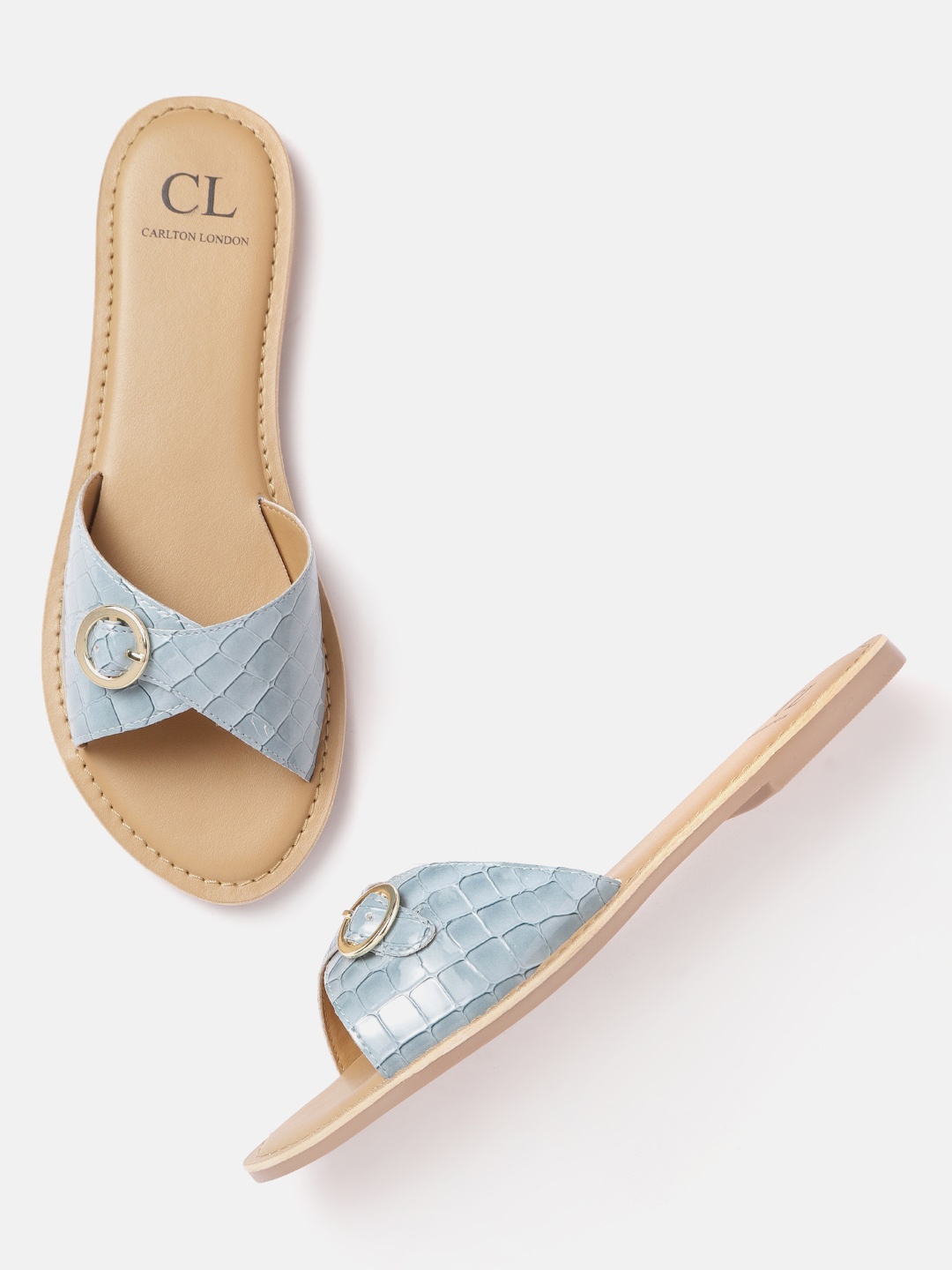 

Carlton London Women Blue Croc Textured Open Toe Flats with Buckle Detail
