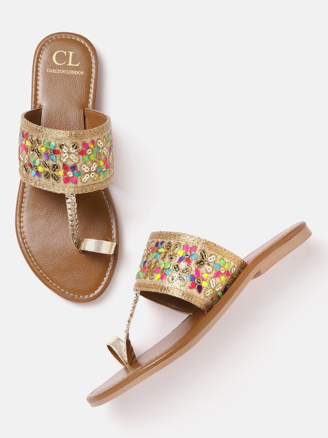 

Carlton London Women Gold-Toned & Pink Embroidered One Toe Flats
