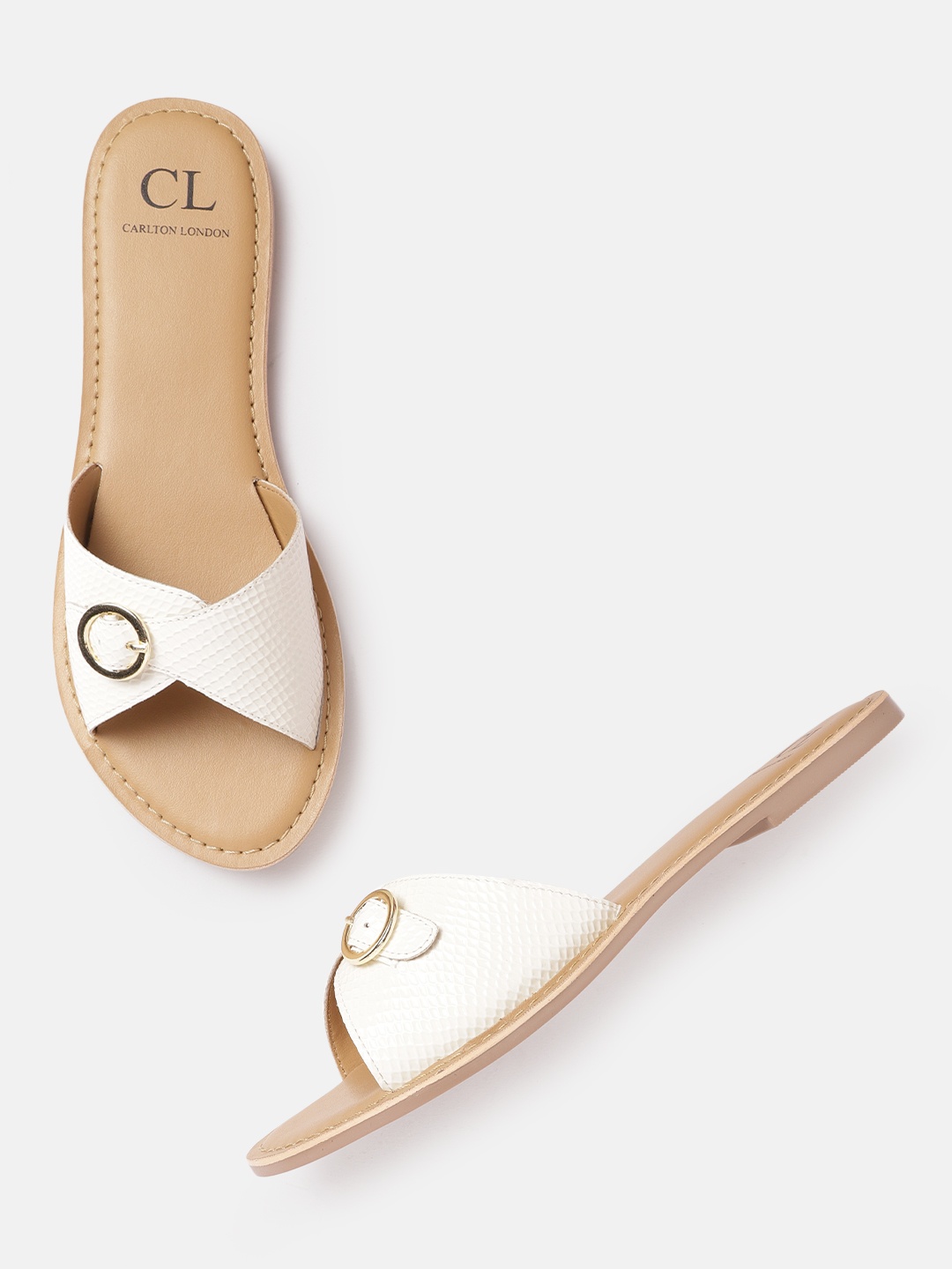 

Carlton London Women White Textured Open Toe Flats with Buckle Detail