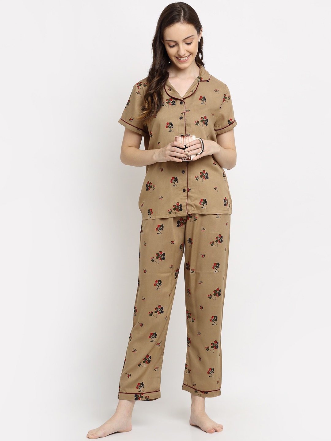 

Katn India Women Brown & Red Floral Printed Blush & Bloom Night Suit