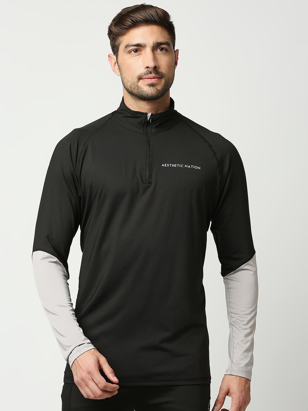

AESTHETIC NATION Men Black Mandarin Collar ClimaCool Slim Fit Training or Gym T-shirt