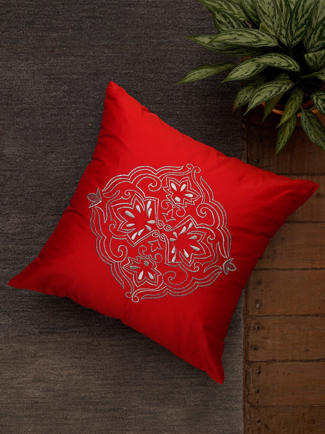 

ZEBA Red & Silver-Toned Embroidered Square Cushion Cover