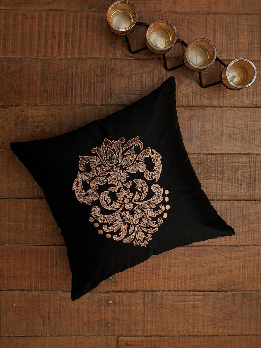 

ZEBA Black & Copper-Toned Embroidered Square Cushion Cover