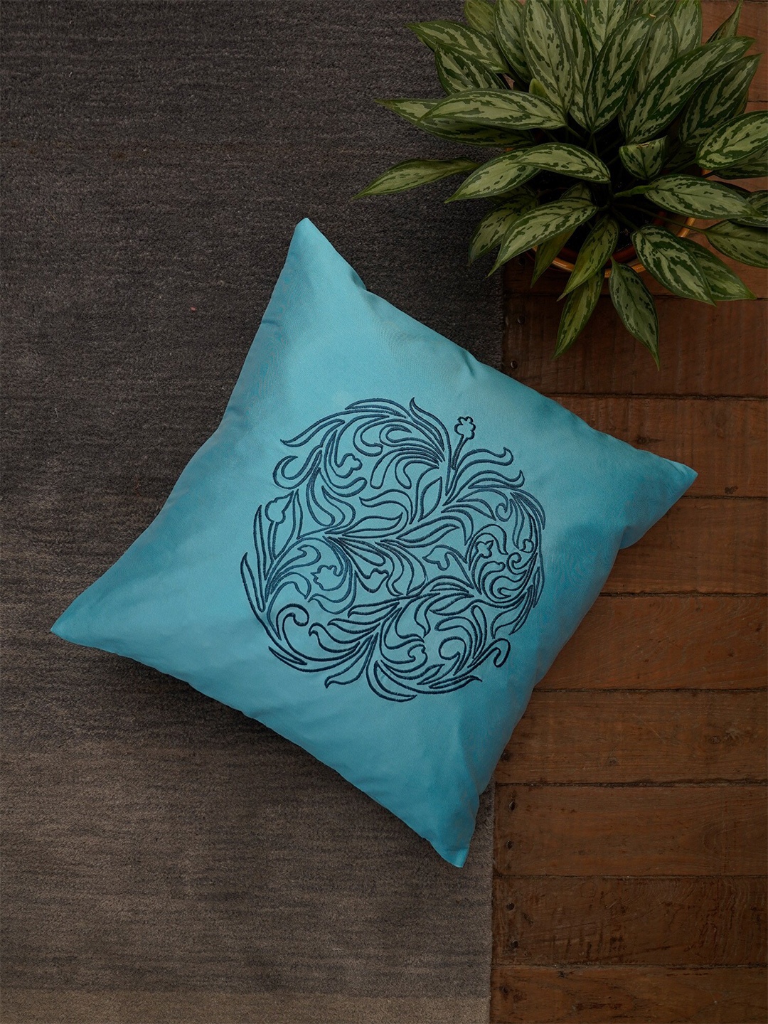 

ZEBA Blue Embroidered Square Cushion Cover