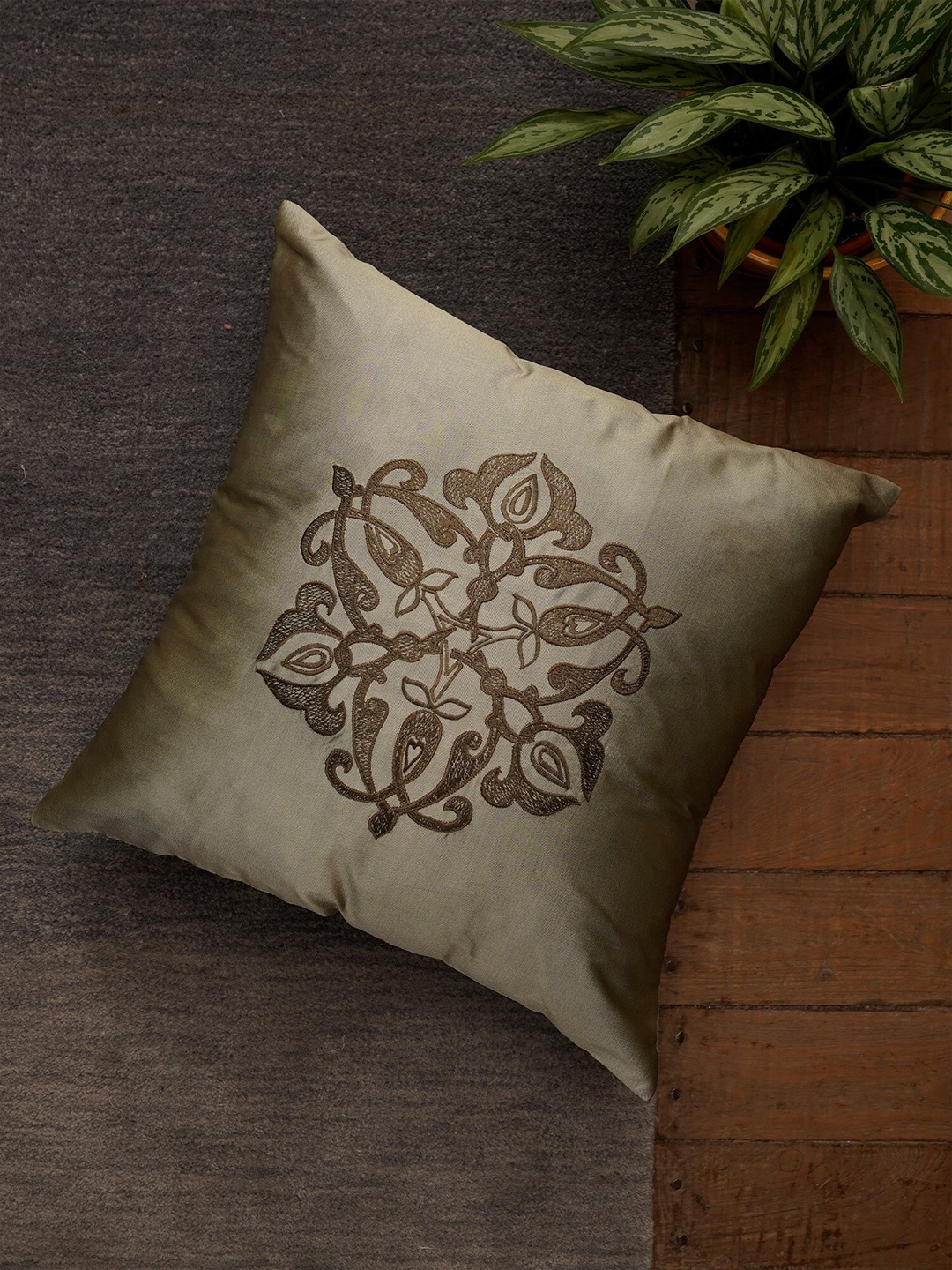 

ZEBA Green Embroidered Square Cushion Cover