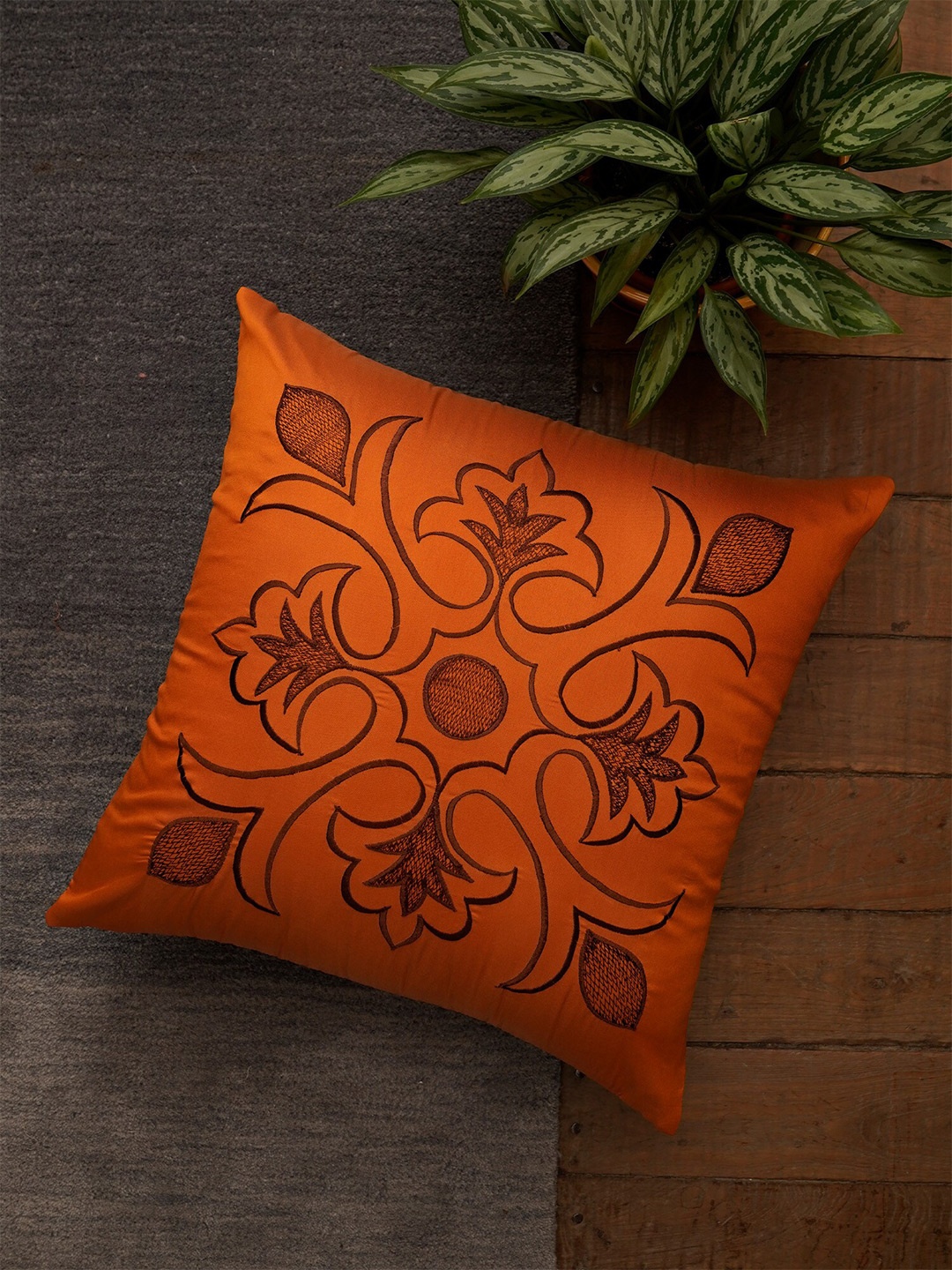 

ZEBA Orange & Black Embroidered Square Cushion Cover