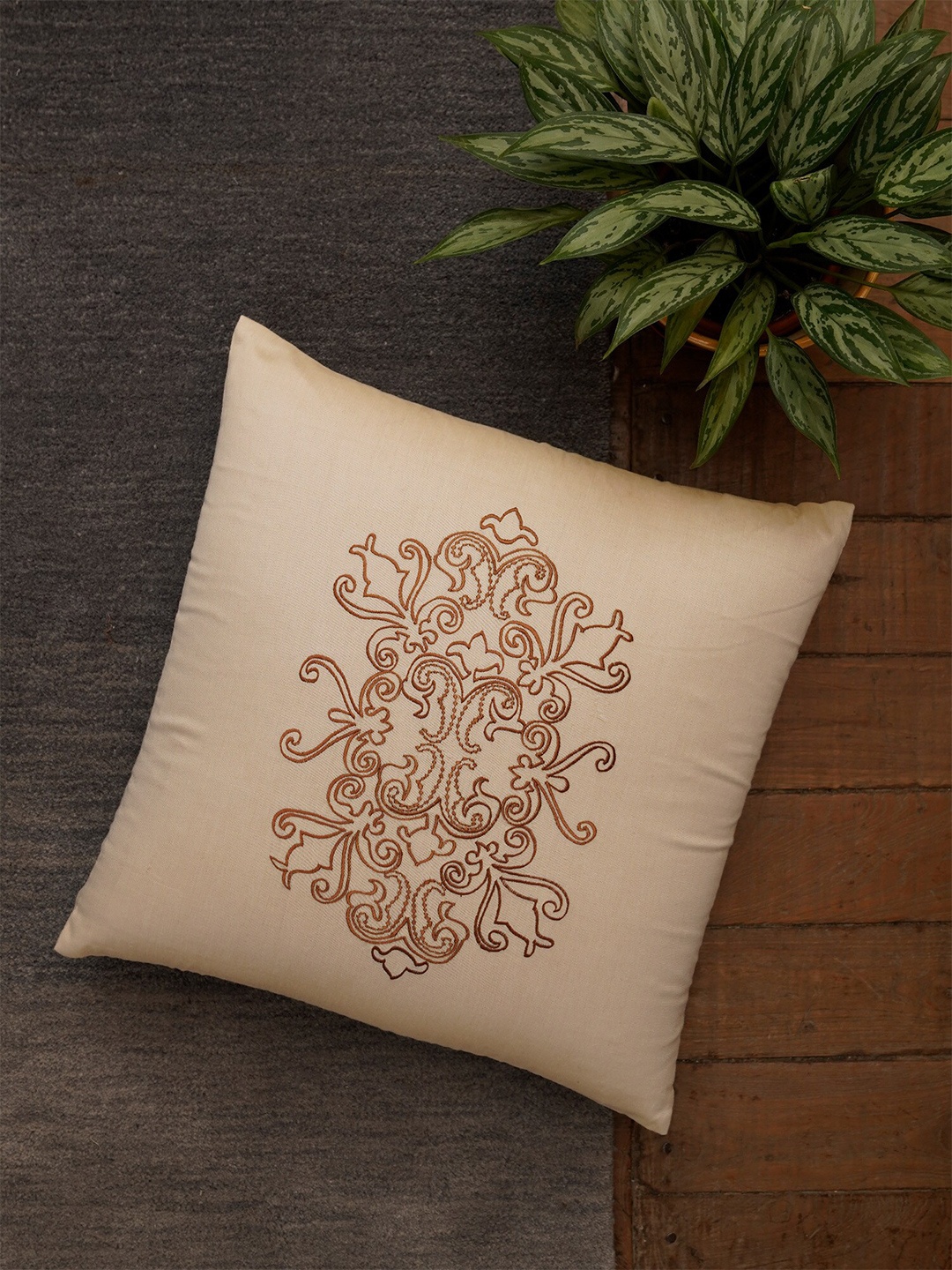 

ZEBA Off White Embroidered Square Cushion Cover