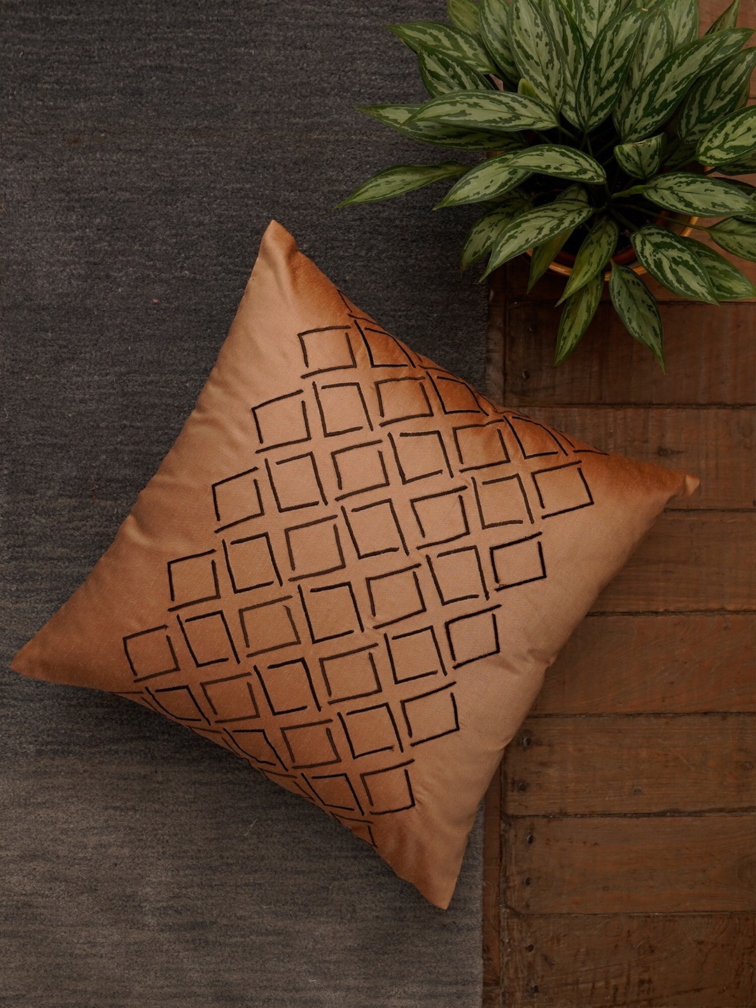 

ZEBA Mustard & Black Embroidered Square Cushion Cover
