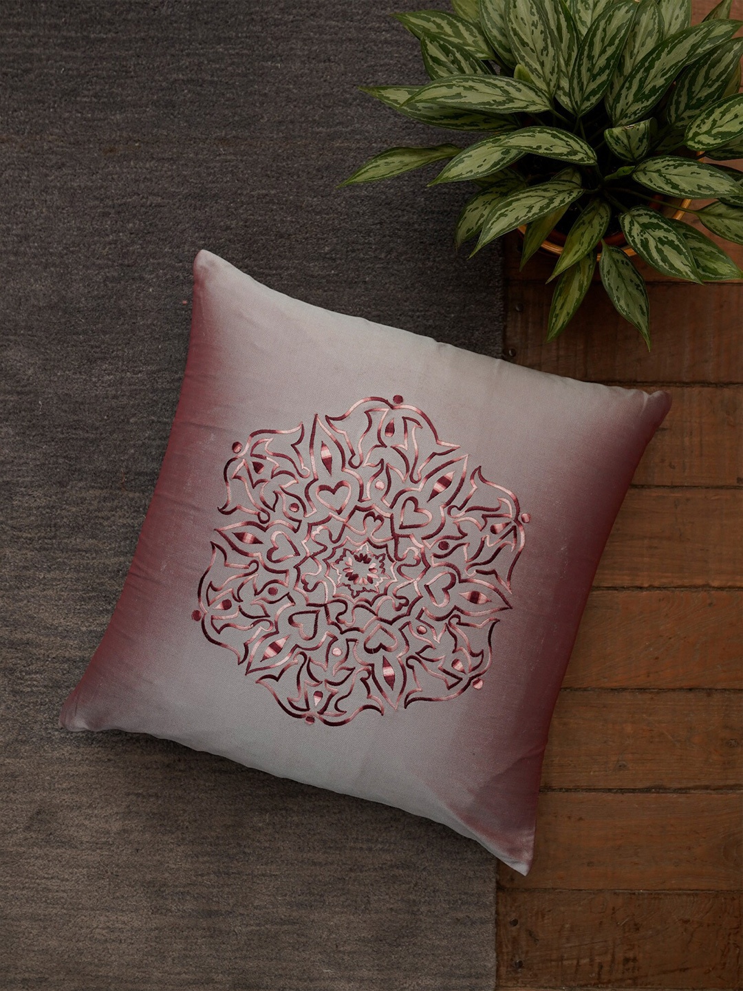 

ZEBA Grey & Maroon Embroidered Square Cushion Cover