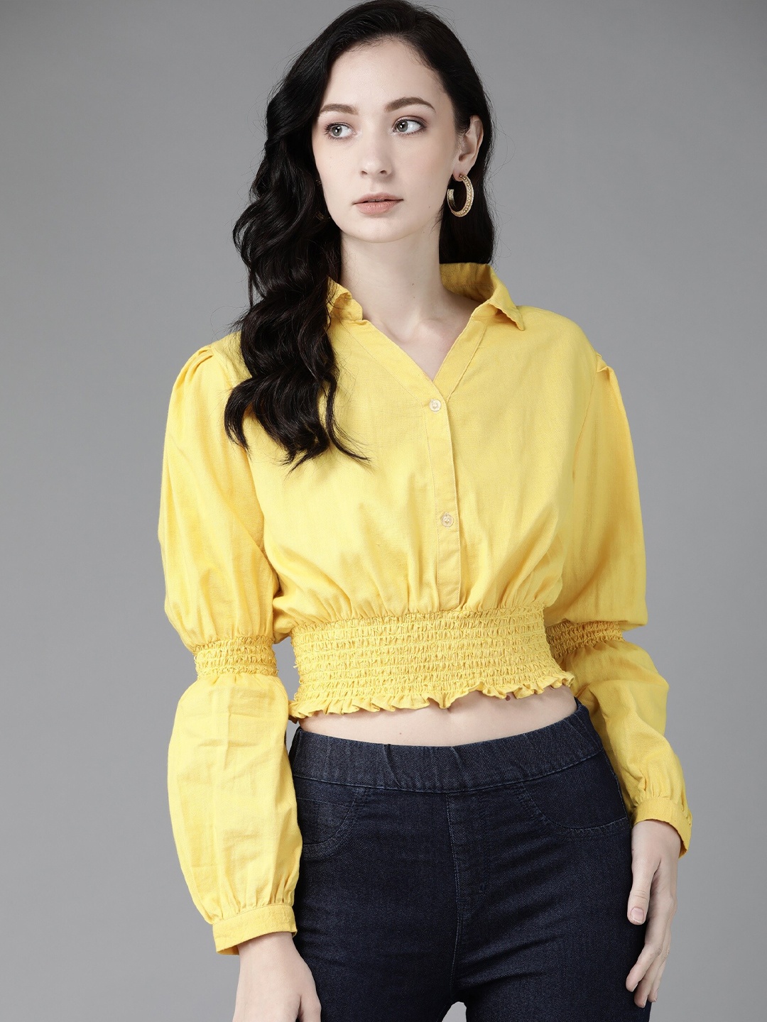 

The Dry State Yellow Smocked Bishop Sleeves Blouson Crop Top