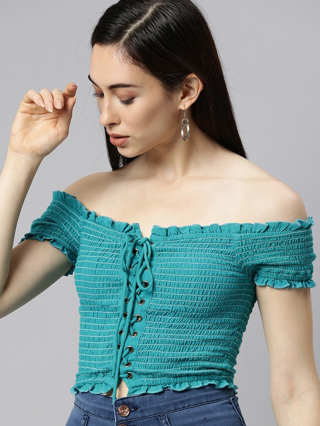 

The Dry State Blue Off-Shoulder Smocked Bardot Crop Top