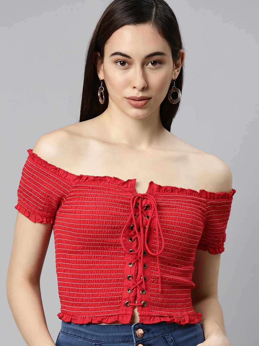 

The Dry State Red Striped Off-Shoulder Smocked Bardot Crop Top