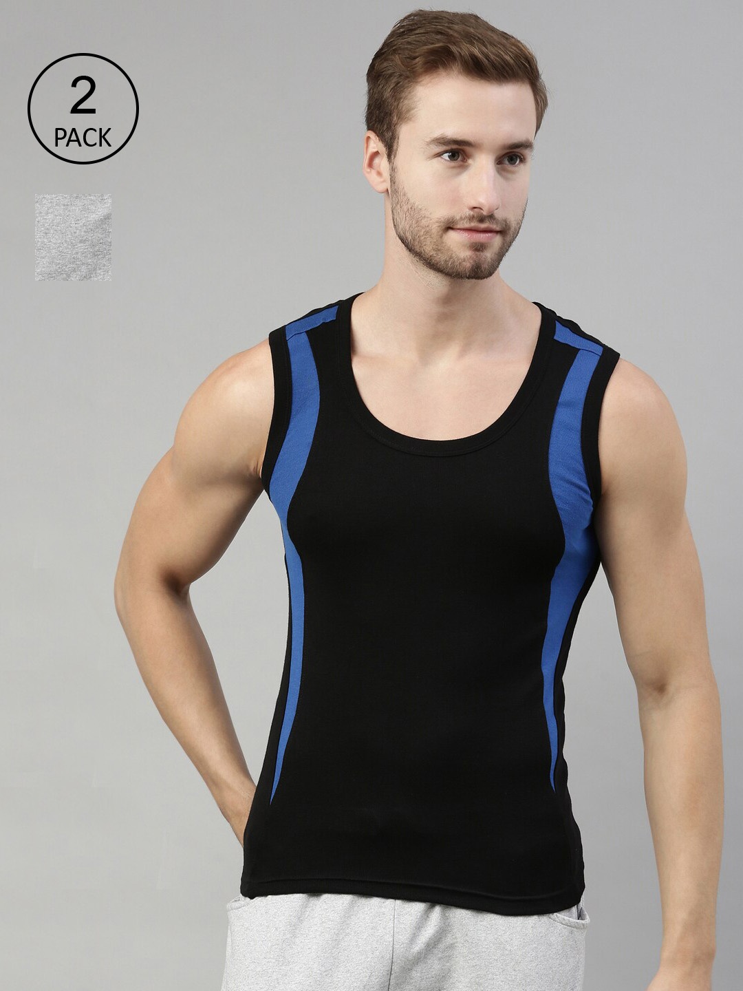 

DIXCY SCOTT Men Pack Of 2 Colourblocked Cotton Basic Innerwear Vests, Black