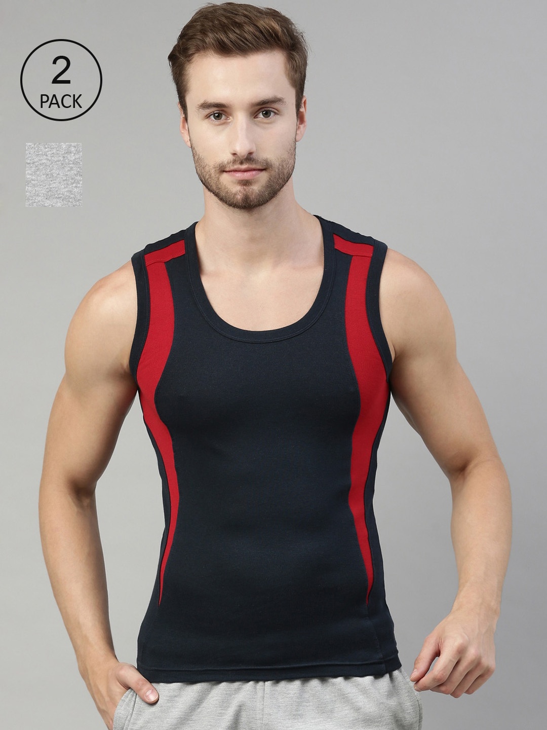 

DIXCY SCOTT Men Pack Of 2 Black and Red Printed Cotton Gym Innerwear Vest, Grey