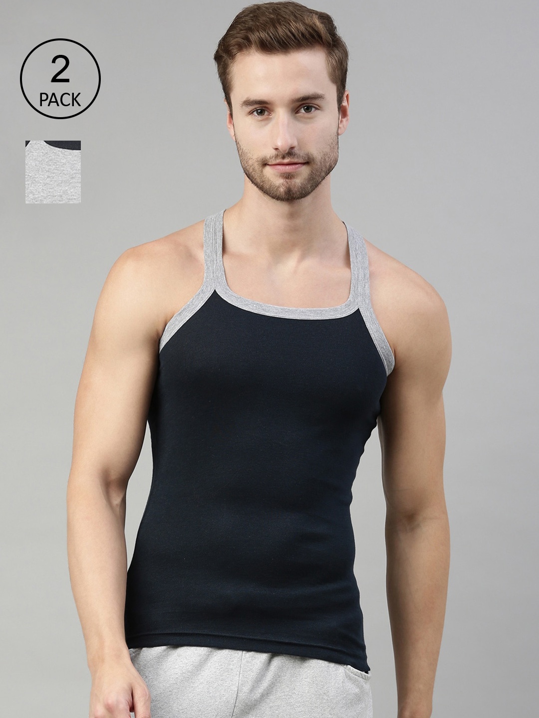 

DIXCY SCOTT Men Grey & Navy Blue Solid Cotton Innerwear Gym Vests Pack Of 2