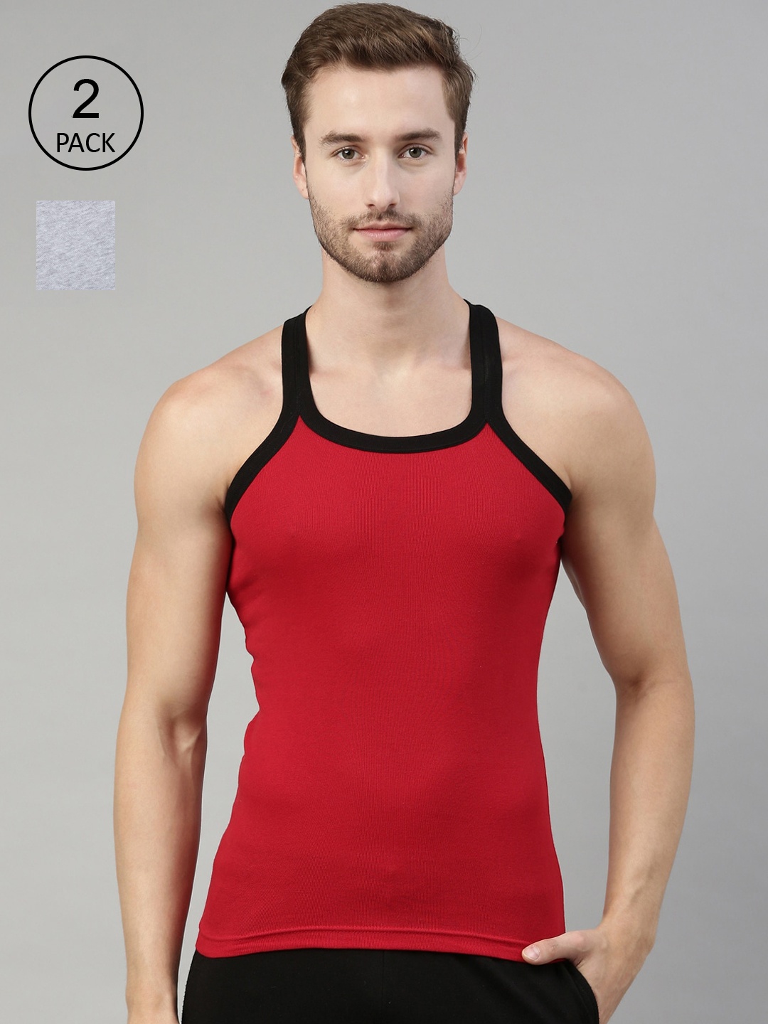

DIXCY SCOTT Men Red & Grey Melange Pack Of 2 Solid Innerwear Gym Vests