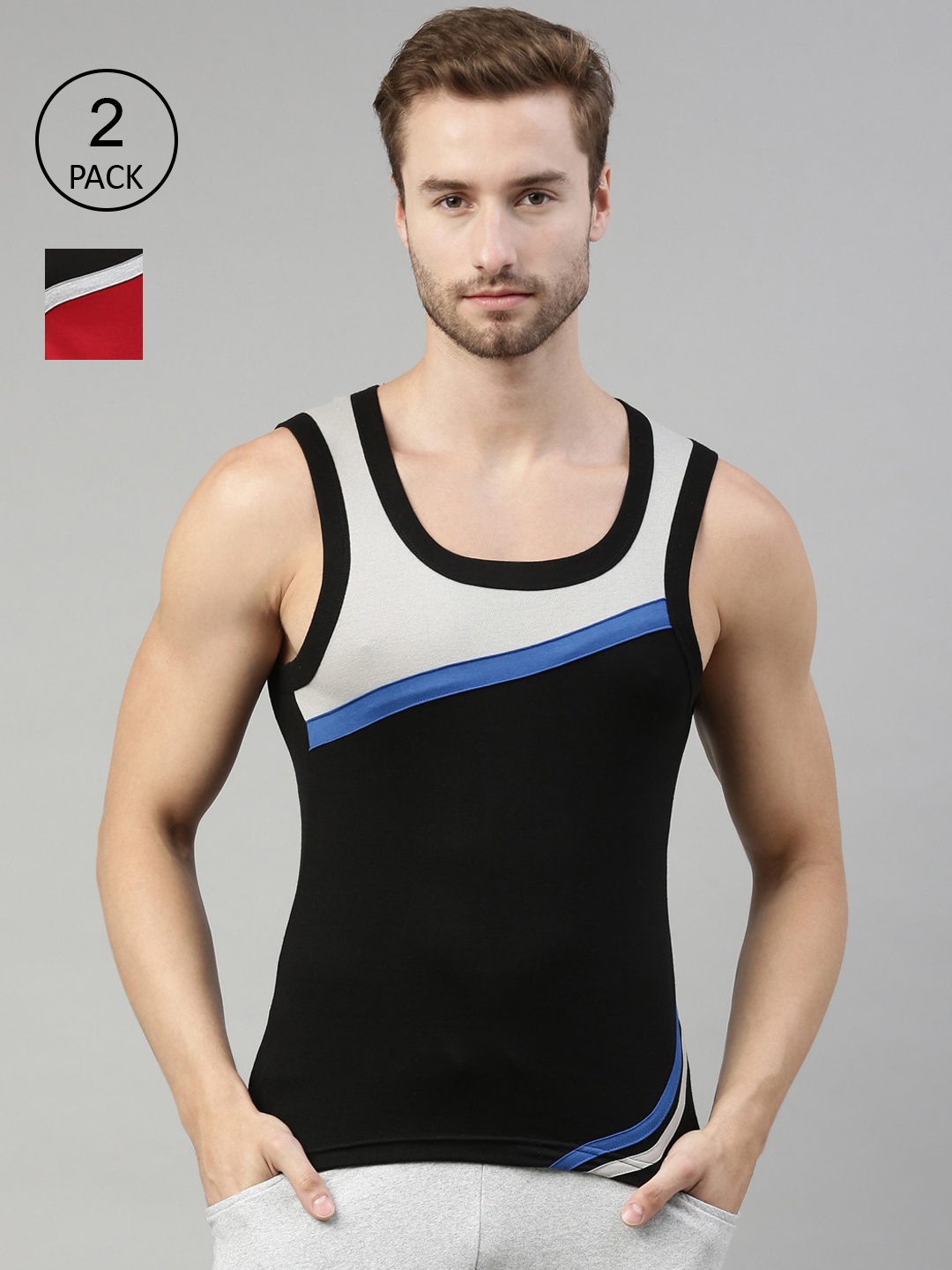 

DIXCY SCOTT Men Pack Of 2 Printed Cotton Gym Innerwear Vest, Black