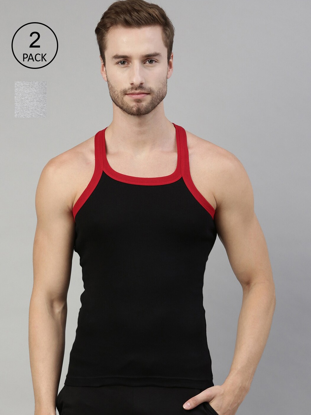 

DIXCY SCOTT Men Pack Of 2 Black & Grey Melange Solid Cotton Innerwear Gym Vests