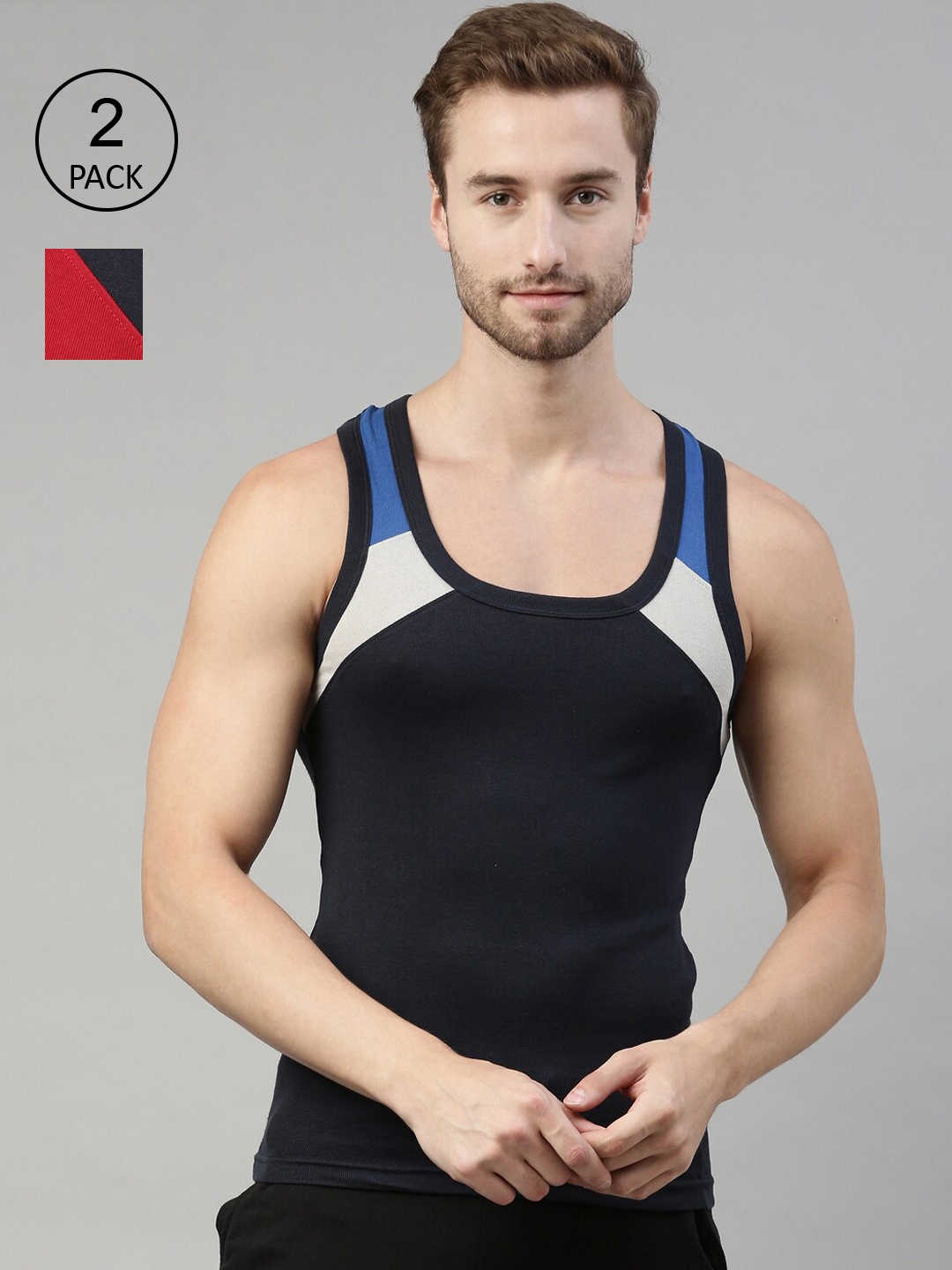 

DIXCY SCOTT Men Pack Of 2 Red & Black Solid Cotton Gym Innerwear Vest