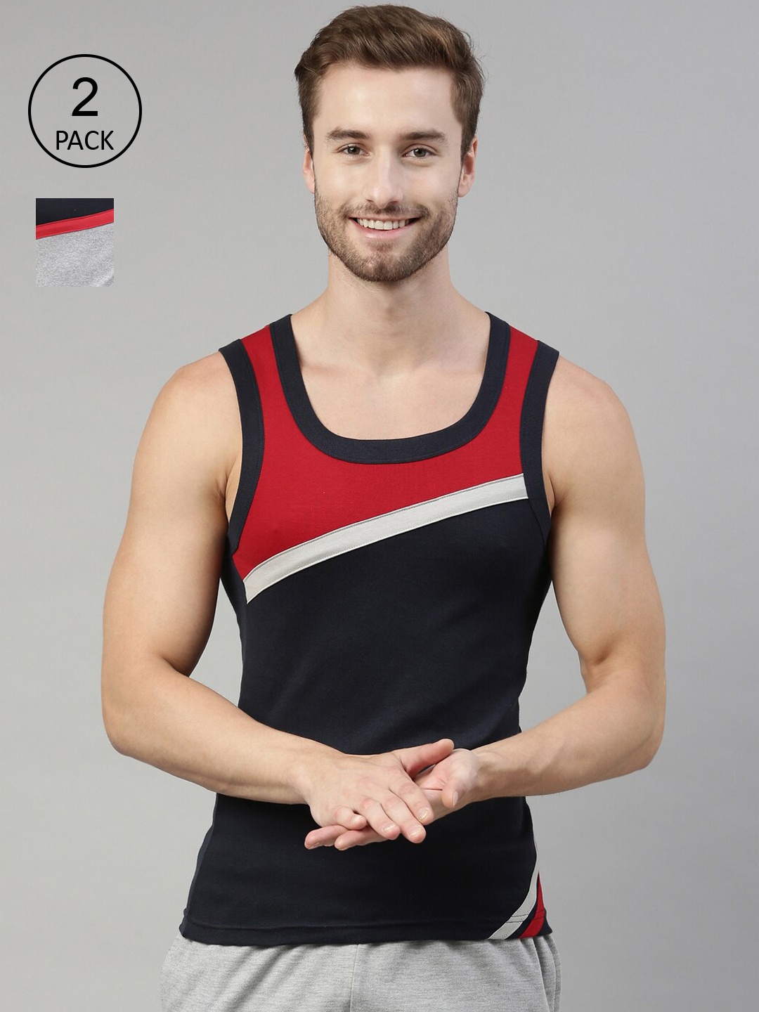 

DIXCY SCOTT Men Pack Of 2 Black & Grey Solid Cotton Innerwear Gym Vests