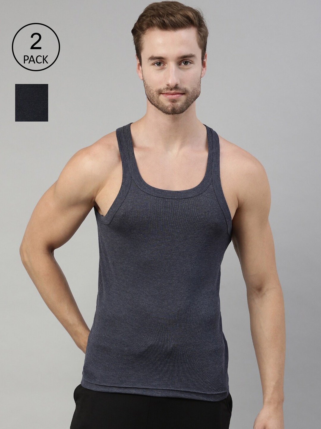 

DIXCY SCOTT Men Pack Of 2 Grey & Black Solid Pure Cotton Innerwear Vest