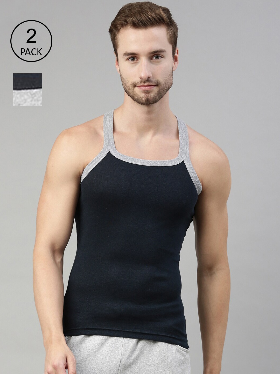 

DIXCY SCOTT Men Grey & Navy Blue Solid Cotton Gym Innerwear Vest Pack Of 2, Black