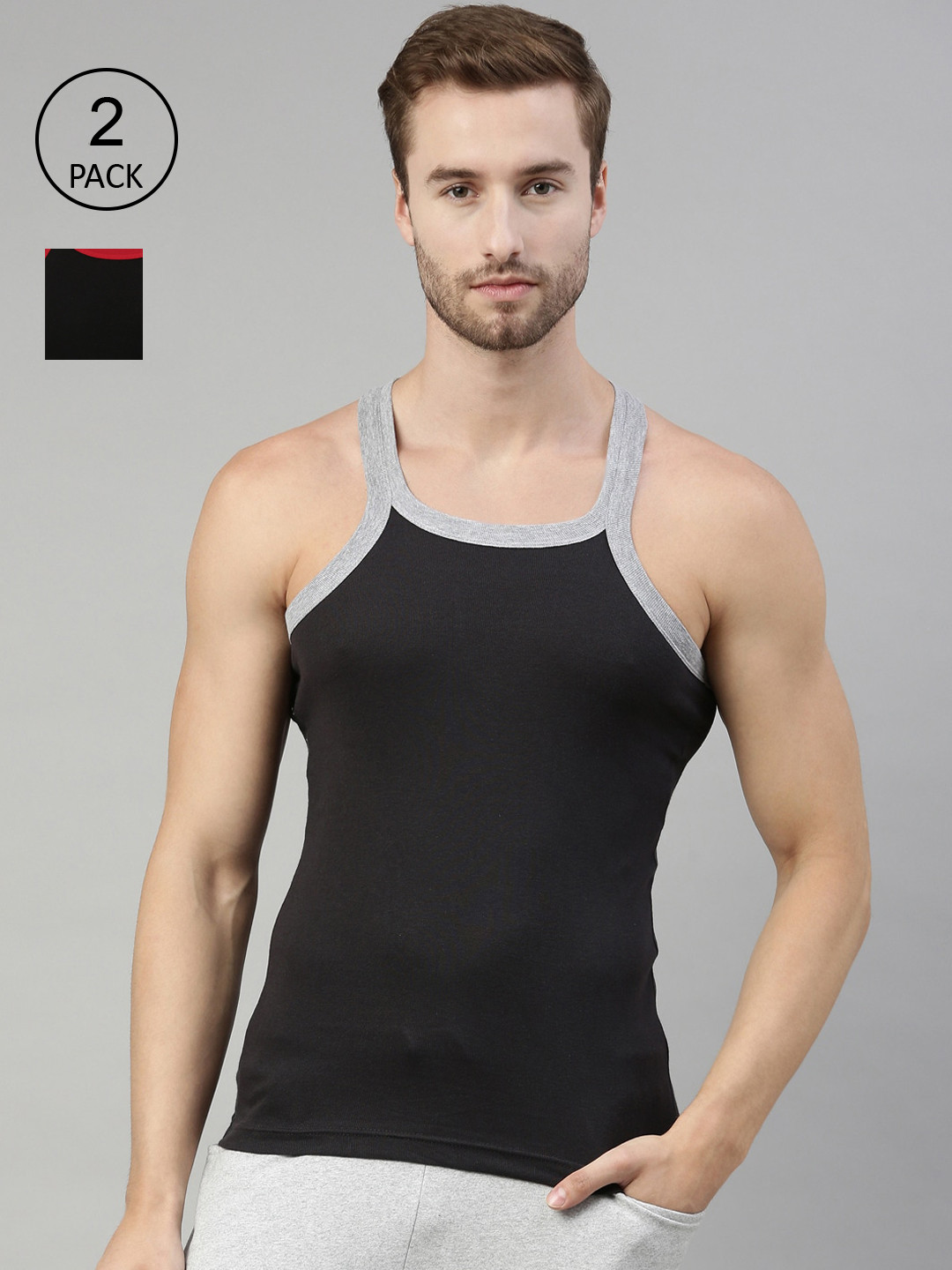 

DIXCY SCOTT Men Pack Of 2 Solid Cotton Innerwear Gym Vests, Black