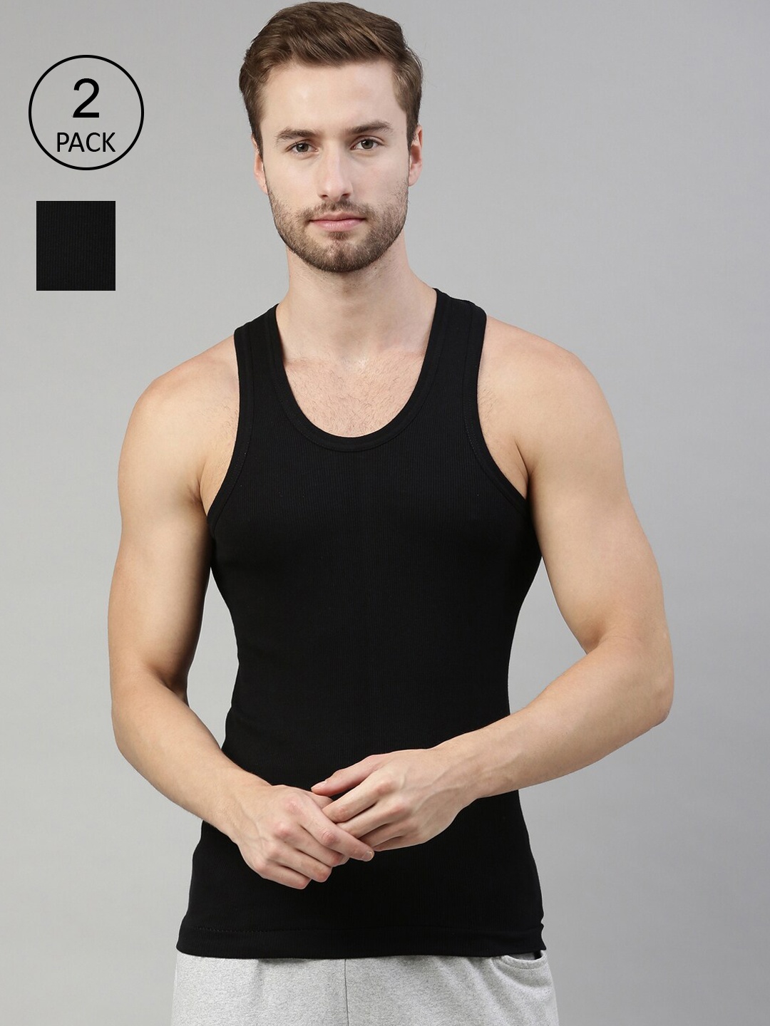 

DIXCY SCOTT Men Pack Of 2 Solid Combed Cotton Gym Vests, Black