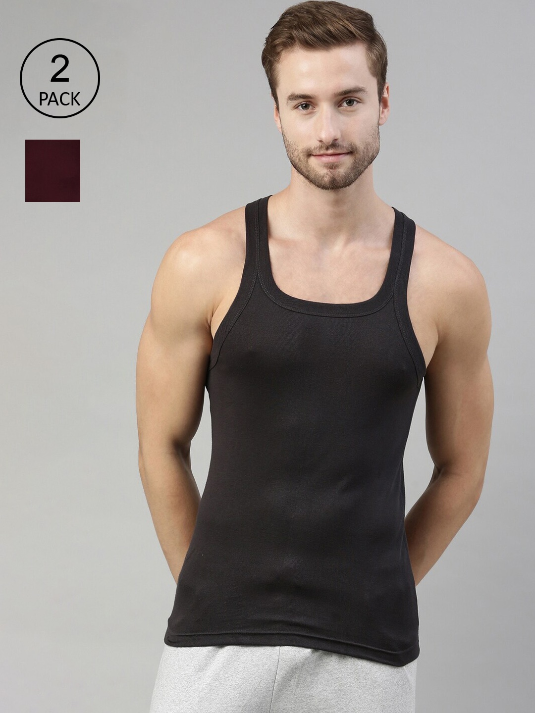 

DIXCY SCOTT Men Set of 2 Black and Red Solid Innerwear Vests-DSO-BOLD GYM VEST B444-P2, Burgundy