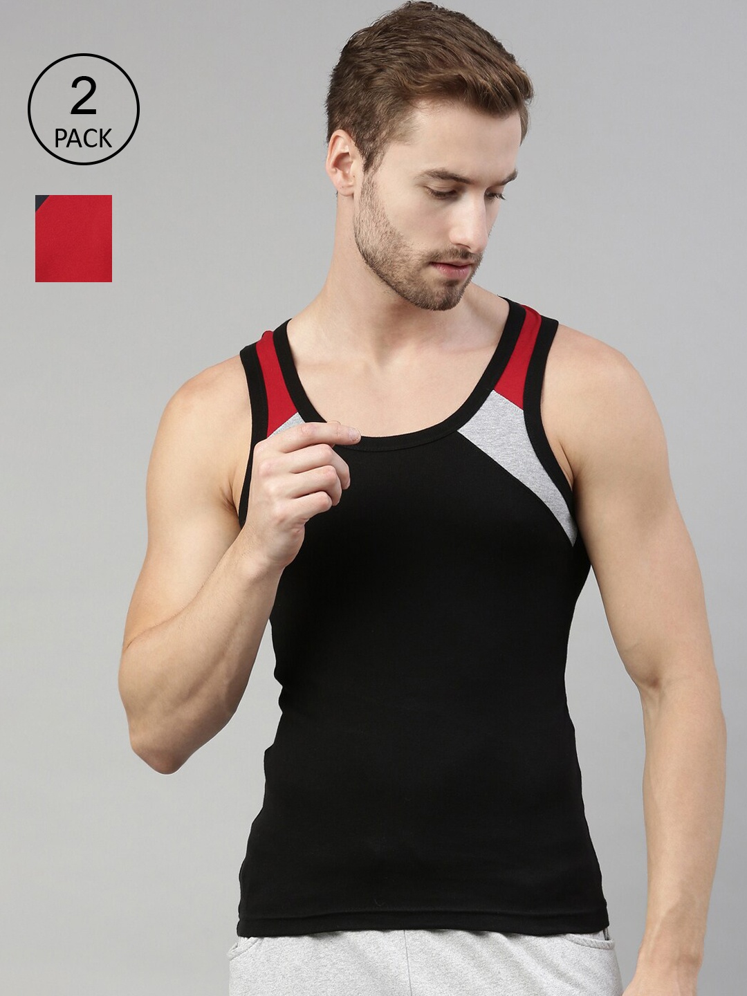 

DIXCY SCOTT Men Pack Of 2 Solid Cotton Innerwear Gym Vests, Red