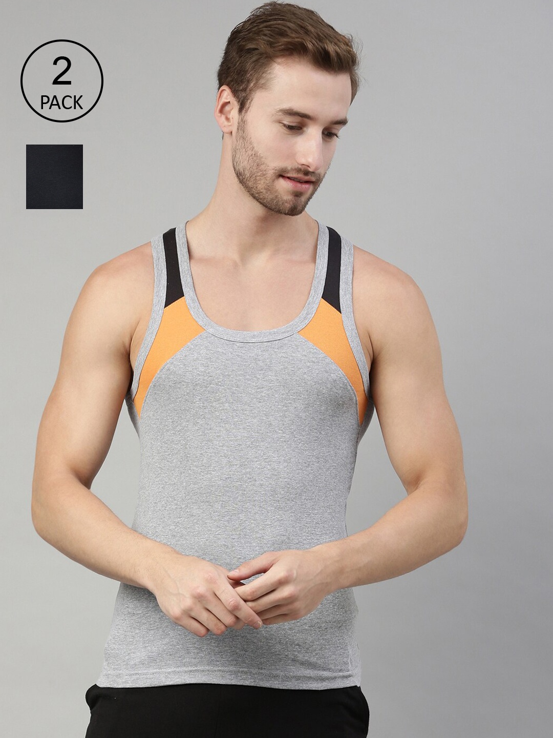 

DIXCY SCOTT Men Pack Of 2 Navy Blue & Grey Melange Solid Cotton Gym Vests