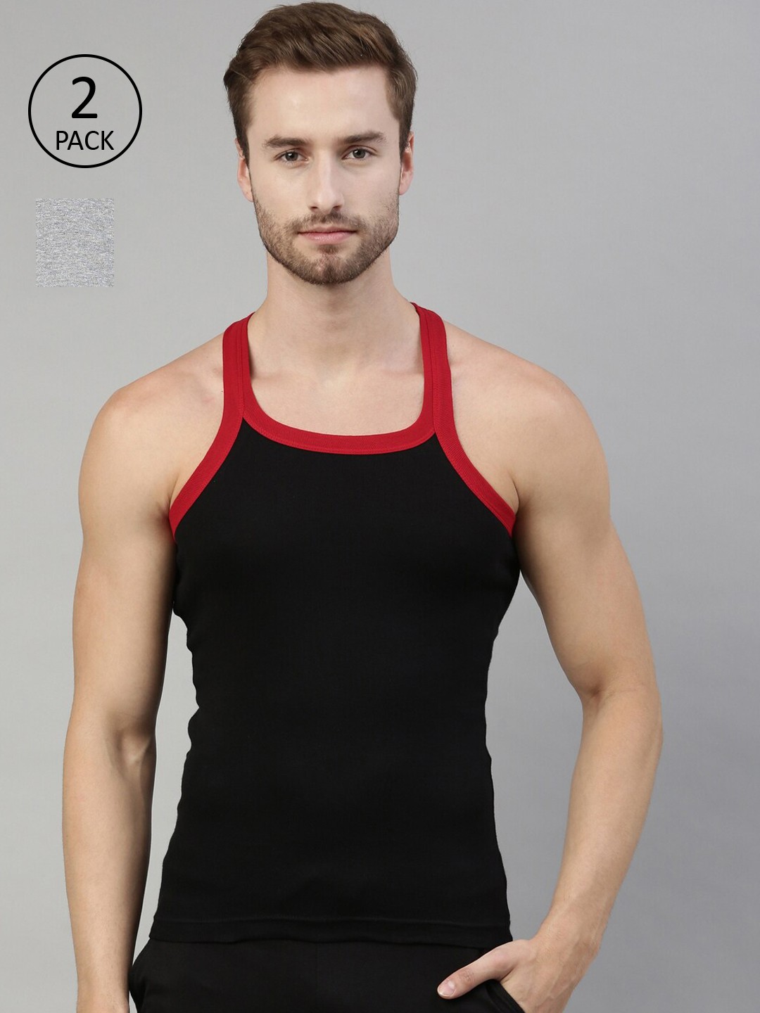 

DIXCY SCOTT Men Pack Of 2 Grey & Black Solid Combed Cotton Gym Vests, Grey melange